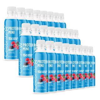 Meerdere flessen van Celebrate Proteïne Mini Berry op een witte achtergrond
