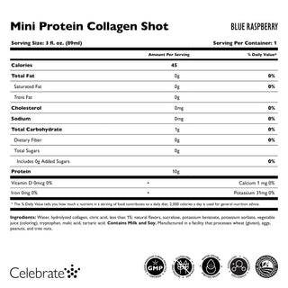 Voedingsetiket voor een Mini Proteïne Collagen Shot met blauwe frambozensmaak, inclusief portiegrootte, calorieën en ingrediënten.