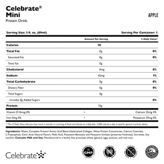 Voedingsetiket voor Celebrate Mini Proteïne Drank Appelsmaak op een witte achtergrond