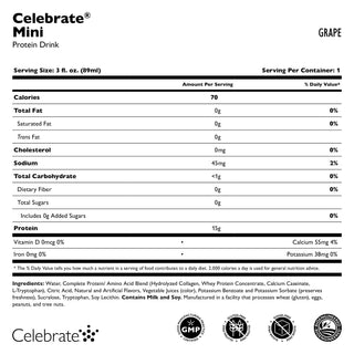 Voedingsetiket voor Celebrate Mini Proteïne Drank Grape smaak op een witte achtergrond